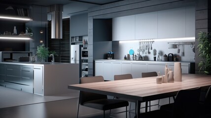 Modern minimalist hi-tech kitchen interior. Flat facades, stone countertops, built-in home appliances, work surface lighting, kitchen island, dining area. Contemporary home design. 3D rendering.