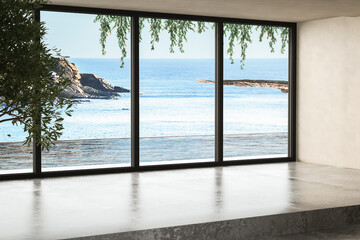 Sea view empty large living room of luxury summer beach house with swimming pool near terrace. Big beige wall background in vacation home or holiday villa.