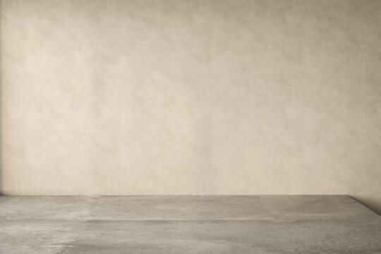 Empty room with beige wall and concrete floor.  3d Rendering