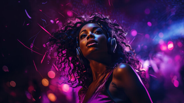 black african young woman in a night club with purple light