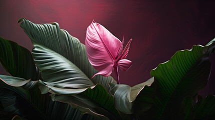 A beautiful tropical vine with long thin leaves and a single pink flower