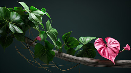 A beautiful tropical vine with long thin leaves and a single pink flower - obrazy, fototapety, plakaty