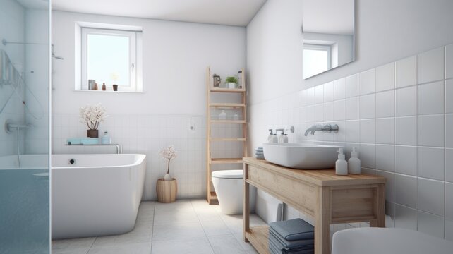 Interior of modern luxury scandi bathroom with window and white walls. Free standing bathtub, wash basin on wooden countertop, rectangular wall mirror. Contemporary home design. 3D rendering.