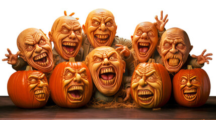 This transparent image captures an assembly of intricately carved pumpkins, each showcasing unique horror. One reveals a monstrous mouth, while another mimics a sardonic statue. Generative AI