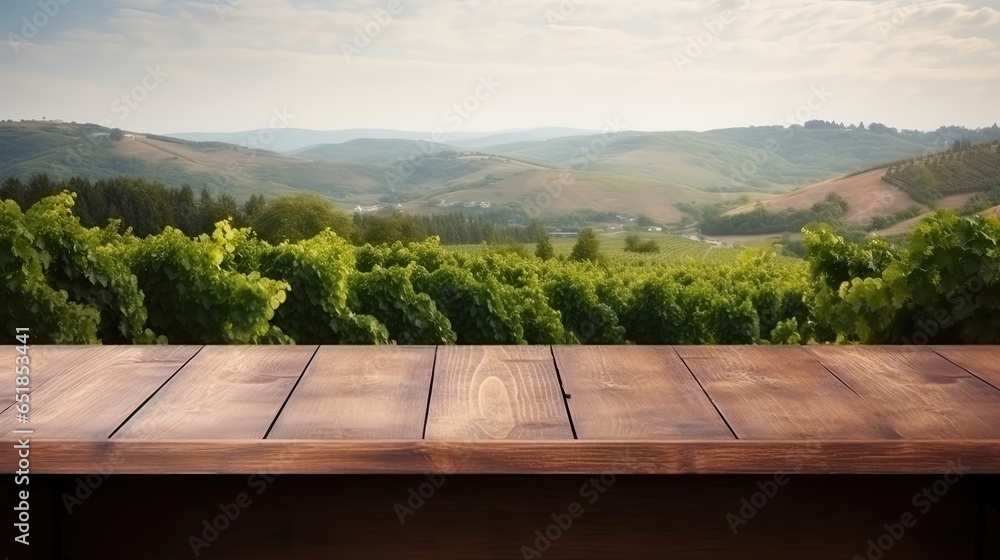 Canvas Prints empty wooden table vineyard view out of open window template for product presentation