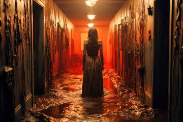 Halloween scene, a woman with her back turned is in a hallway, the walls are cracked and broken, the floor is full of water, red style, horror, scary.