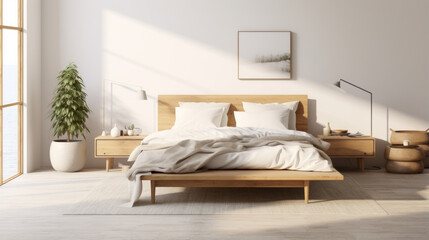 A bedroom adorned with a Scandinavian platform bed, crisp white bedding, and a wall-mounted floating nightstand