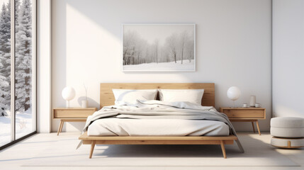 A bedroom adorned with a Scandinavian platform bed, crisp white bedding, and a wall-mounted floating nightstand