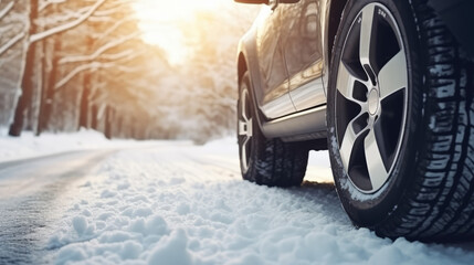 Obraz premium Winter tire with detail of car tires in winter snowy season on the road covered with snow and morning sun light