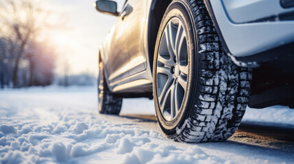 Winter tire with detail of car tires in winter snowy season on the road covered with snow and morning sun light - obrazy, fototapety, plakaty