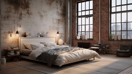A bedroom with a platform bed, industrial-style exposed pipes, a brick accent wall, and Edison bulb pendant lights
