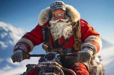 ATV with santa claus, gift boxes in rucksack. Santa Riding An quad bike. Santa Claus on sport racing vehicle wearing red classic costume. Man dressed as Santa Claus riding on nord pole. Generative ai © Maxim Chuev