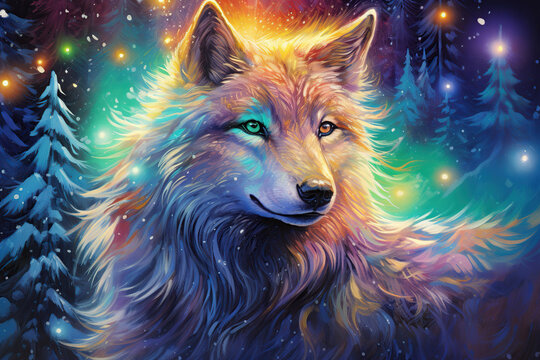 beautiful glowing wolf in a winter fantasy forest with snowflakes, colorful art