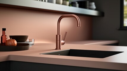 Fragment of modern minimalist kitchen. Stone peach countertop with built-in sink and copper faucet. Peach backsplash, various crockery. Close-up. Contemporary interior design. 3D rendering. - obrazy, fototapety, plakaty