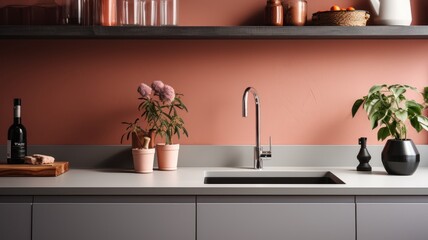 Fragment of modern minimalist kitchen. Gray facades and countertop, peach wall. Built-in sink, metal faucet. Flowers in vase, various crockery on the shelf. Contemporary interior design. 3D rendering.