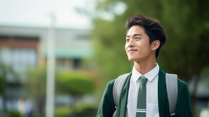 Korean male candidate with a backpack behind his back looks to the side and smiles, green tone