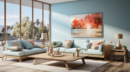 Interior of elegant modern living room in luxury villa. Stylish cushioned furniture with cushions, trendy wooden coffee table, large poster on the wall, panoramic windows. Contemporary home design.