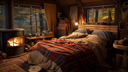 A bedroom with a rustic log bed, plaid bedding, a wood-burning stove, and a view of the serene forest