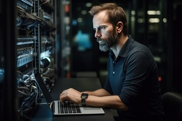 A middle aged Caucasian man working in front of with laptop monitor in the server room. Collection and storage of large amounts of data. Checks the operation of servers and automation.
