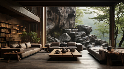 Interior Design, Living room with serene nature view, Beautiful mansion design in the forest