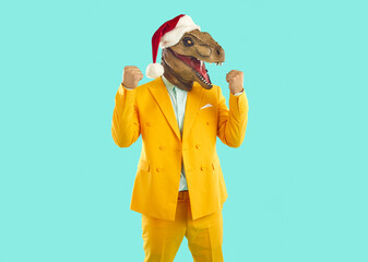 Strange man in funny disguise celebrating victory in Christmas costume contest. Happy guy wearing...