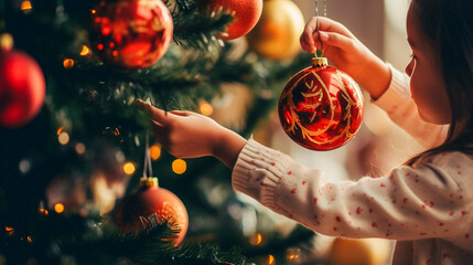 a child putting up the christmas tree decorations in warm soft lighting 