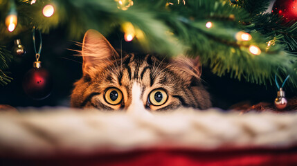 cat in the christmas tree