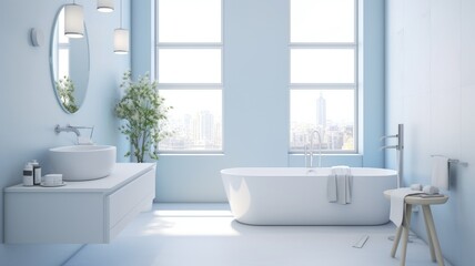 Fototapeta na wymiar Interior of modern luxury scandi bathroom with window and white walls. Free standing bathtub, wash basin on white countertop, round wall mirror, houseplant. Contemporary home design. 3D rendering.