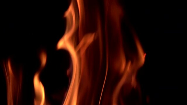 Fire burning in night on isolated black background. Loopable, yellow and orange color flame giving, light, detail, red, falmes, nature, dark, slow motion, motion, mid shot, close up, hd. ProRes 422HQ.