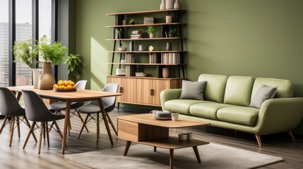 Interior of modern cozy scandi living room in green tones. Stylish sofa, dining table with chairs, carpet, commode, houseplants, panoramic window. Contemporary home design. 3D rendering.