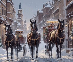 Naklejka na ściany i meble horse in christmas city,winter,snow