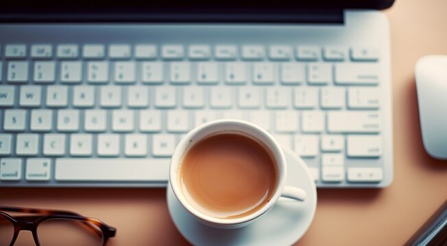 close-up of cup of coffee and laptop keyboard, business mans table, keyboard on the table, close-up of laptop keyboard, keyboard and cup of coffee