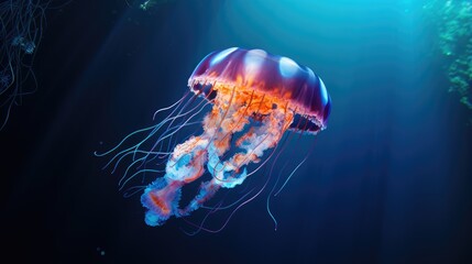 Jellyfish Floating in Deep Blue Ocean