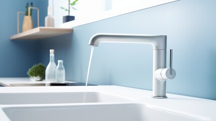 Fragment of a modern luxury kitchen with blue wall on the background. White stone countertop with double built-in sink, faucet with running water. Close-up. Contemporary interior design. 3D rendering.
