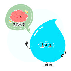 Water drop with speech bubble and brain character. Vector hand drawn cartoon kawaii character illustration. Isolated white background. Water drop poster and brain