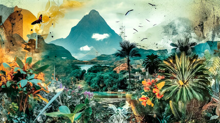 Paysage tropical réalisé en collage - obrazy, fototapety, plakaty