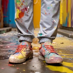 Feet in multi-colored sneakers stand on the street