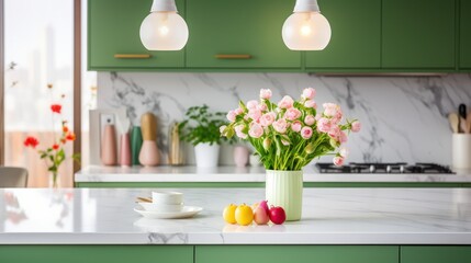 Interior of modern classic kitchen with green facades. Marble countertop and backsplash, flowers in a vase, fresh fruits, various crockery, vintage pendant lamp. Contemporary home design.