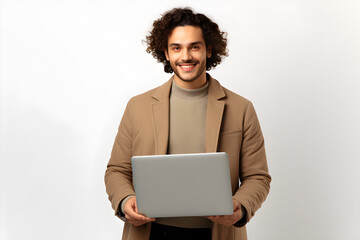 portrait of cheerful young man smiling with laptop in hands