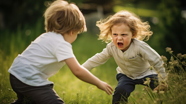 Two children engaged in a conflict.