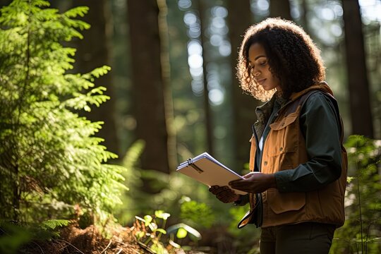 African American young female forester walks around her territory and checking the safety of the trees. She holding a clipboard in her hands and writes down all the changes. Caring for and preserving