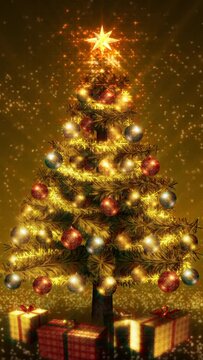 Magical gold Christmas tree loop.  Vertical video.