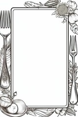 Cutlery frame with cutlery on white background (vertical view), hand drawn cutlery illustration background, editable menu template, printable invitation, stationery, diary, recipe template