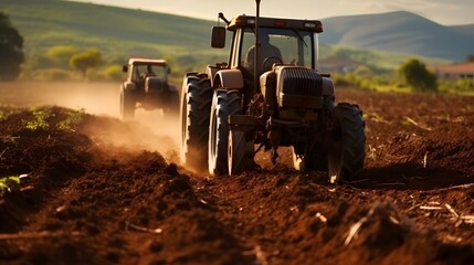 Agriculture. Tractor plowing field. Wheels covered in mud, field in the backround. Cultivated field. Agronomy, farming, husbandry concept. - obrazy, fototapety, plakaty