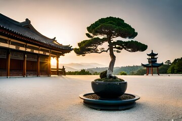 A tranquil Zen garden with meticulously raked gravel, a single bonsai tree, and a stone lantern