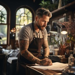 A barista prepares coffee from a kitchen appliance. Drink with Caffeine. Male person working at the bar counter. Coffee maker in uniform apron