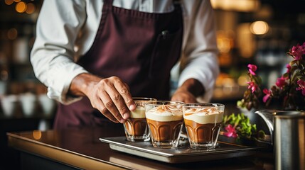 A barista prepares coffee from a kitchen appliance. Drink with Caffeine. Male person working at the bar counter. Coffee maker in uniform apron