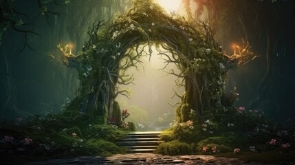 Spectacular Archway Covered with Vine in the Middle of Fantasy Fairy Tale Forest Landscape Misty on Spring Time Digital Art Illustration
