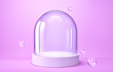 Empty glass dome with glass spheres on purple background