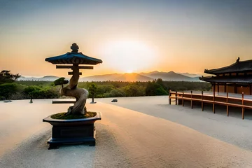 Fotobehang A tranquil Zen garden with meticulously raked gravel, a single bonsai tree, and a stone lantern © usama